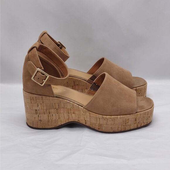 Lisa + Vicky Suede Cork Platform Wedge Sandals Women's 7M Tan Minimalist Shoes - Picture 1 of 12